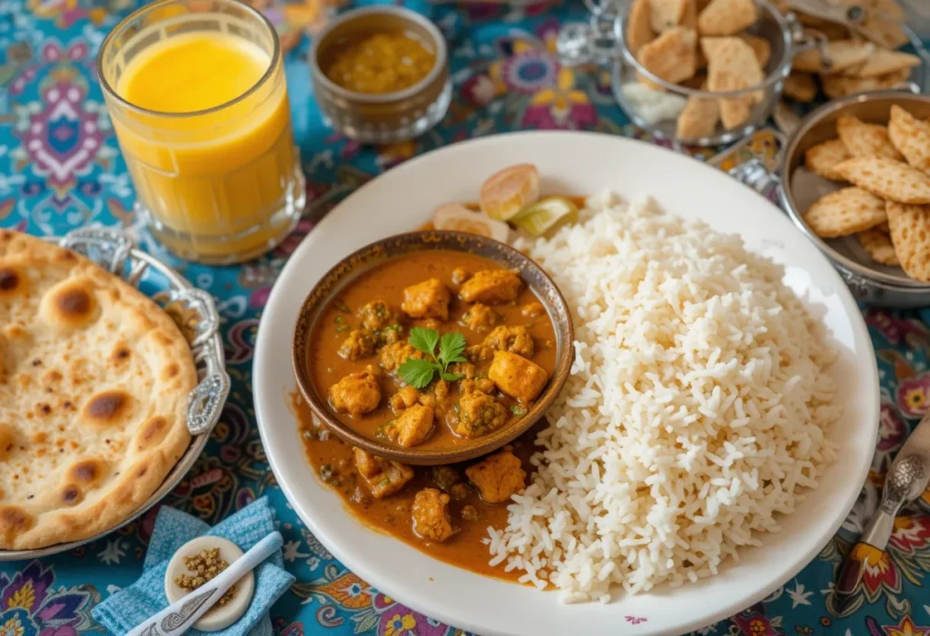 Chicken Sabzi serviert mit Basmati-Reis und Naan