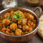 Frisch gekochtes Chicken Sabzi in einer traditionellen Kupferpfanne serviert