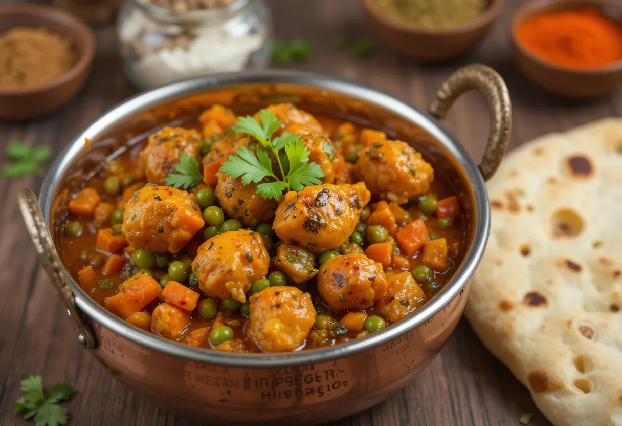Frisch gekochtes Chicken Sabzi in einer traditionellen Kupferpfanne serviert