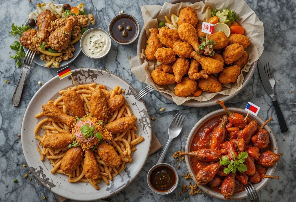 Verschiedene internationale Chicken-Gerichte auf einem Tisch
