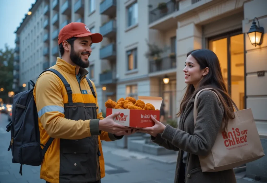 Lieferfahrer übergibt Chicken-Box in Frankfurt
