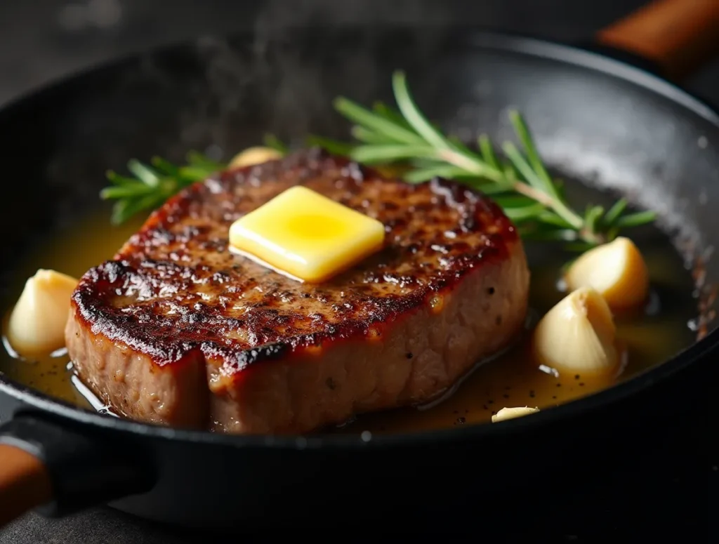 Chuck Eye Steak mit Butter und Kräutern in Pfanne gebraten