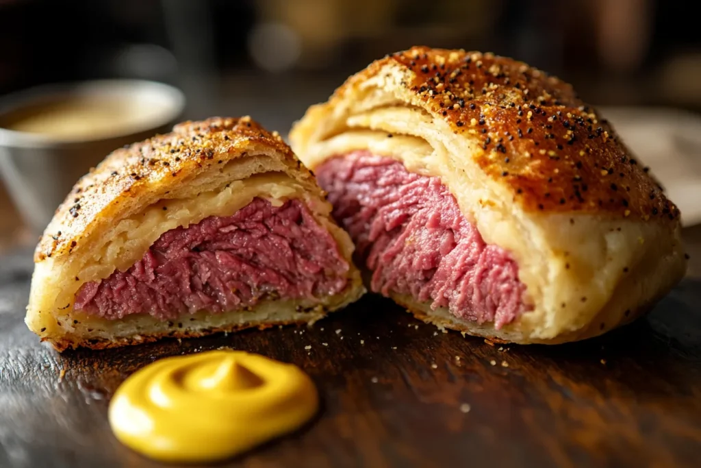 Traditional corned beef knish cut in half