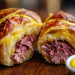 Traditional corned beef knish cut in half