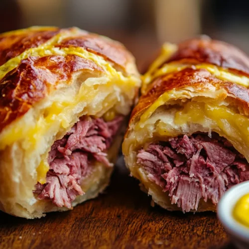 Traditional corned beef knish cut in half
