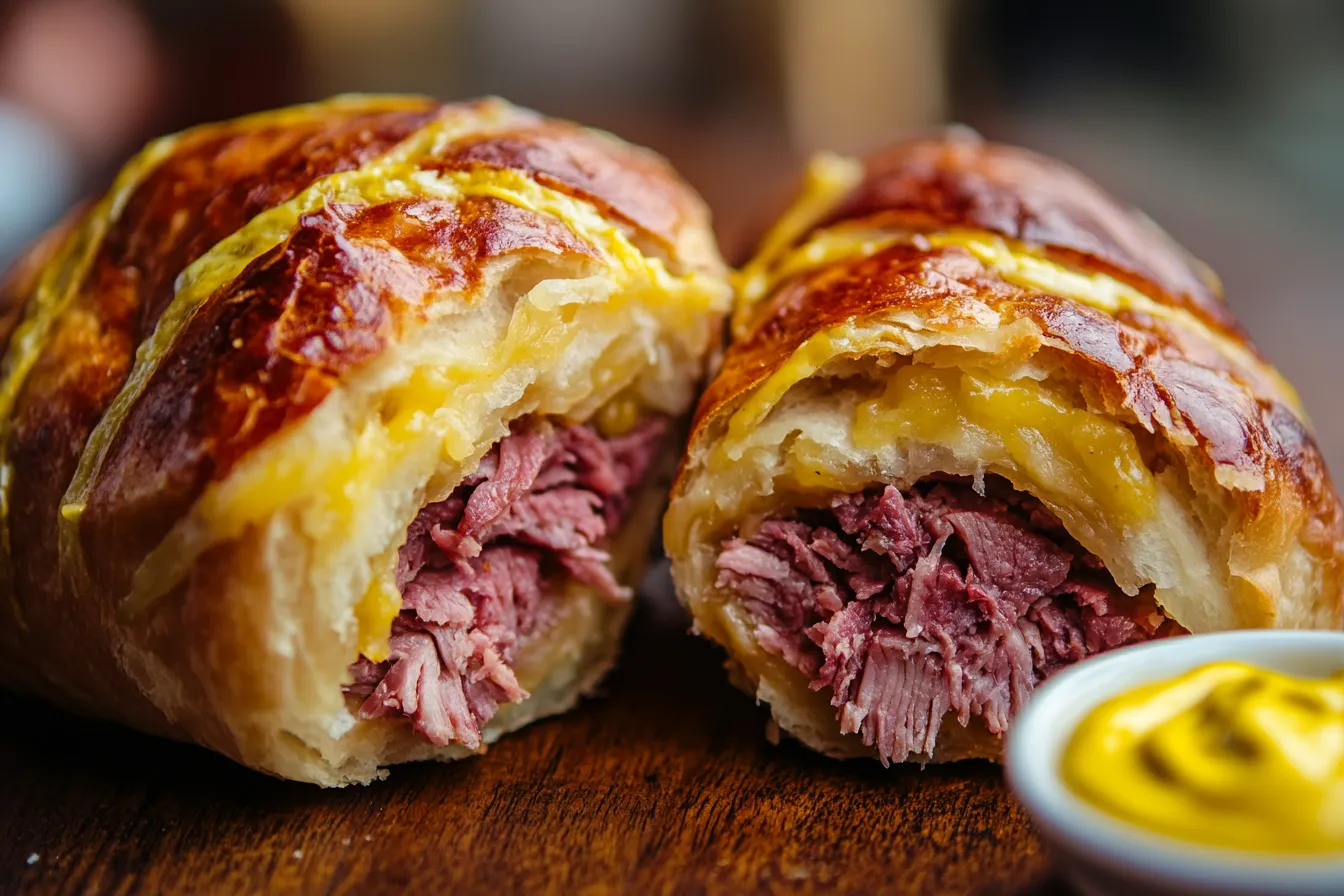 Traditional corned beef knish cut in half
