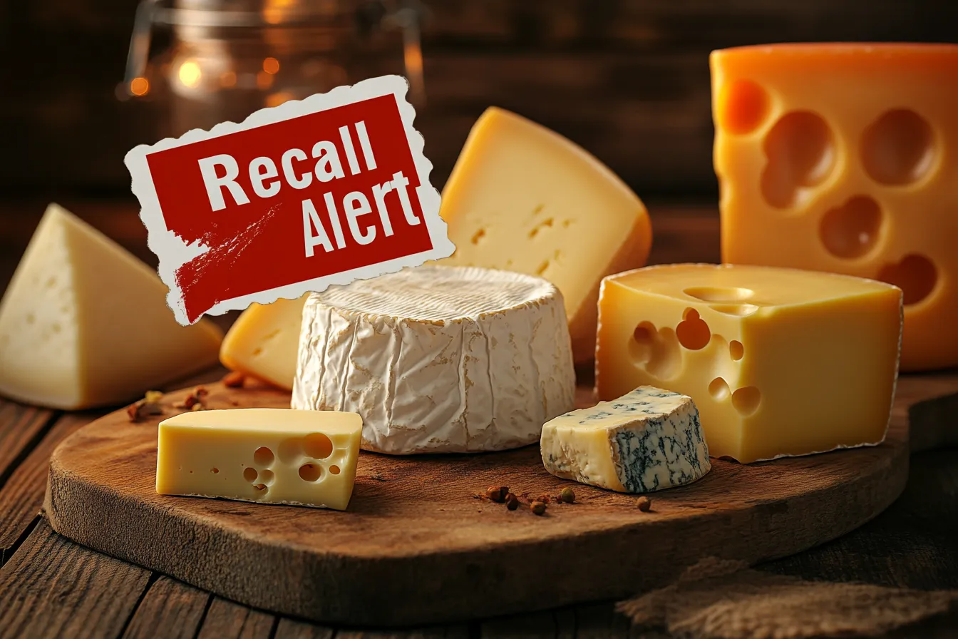 Close-up of various cheeses with a red warning label saying “Recall Alert”