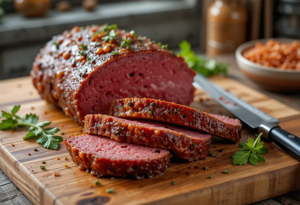 Traditionelles Corned Beef auf Schneidebrett