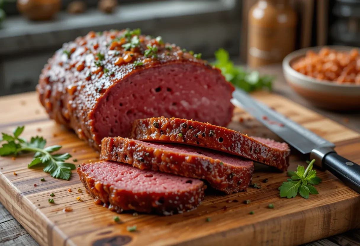 Traditionelles Corned Beef auf Schneidebrett