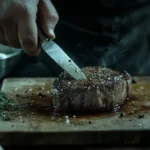 "Chef slicing a medium-rare steak on a wooden board"