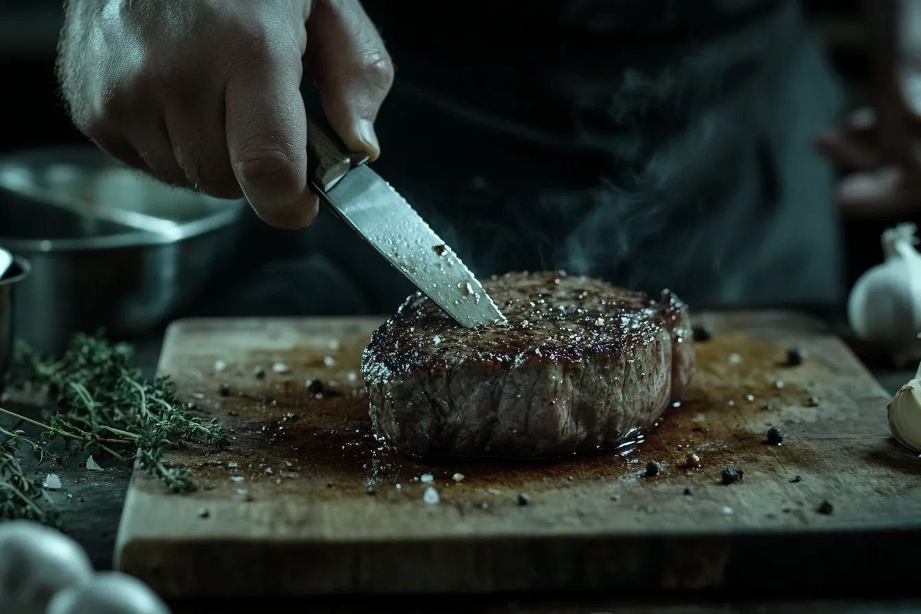 "Chef slicing a medium-rare steak on a wooden board"