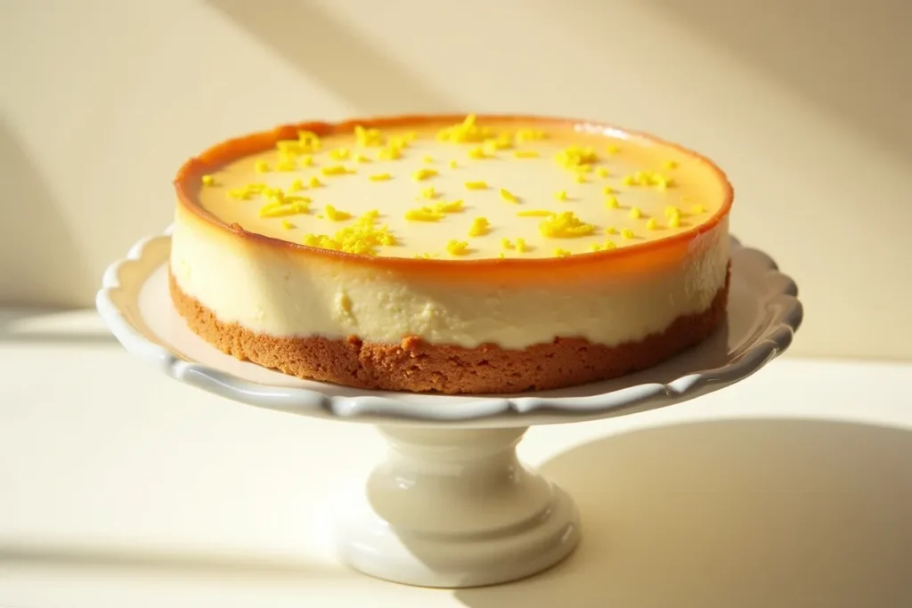 Käsekuchen auf Tortenplatte mit frischer Deko