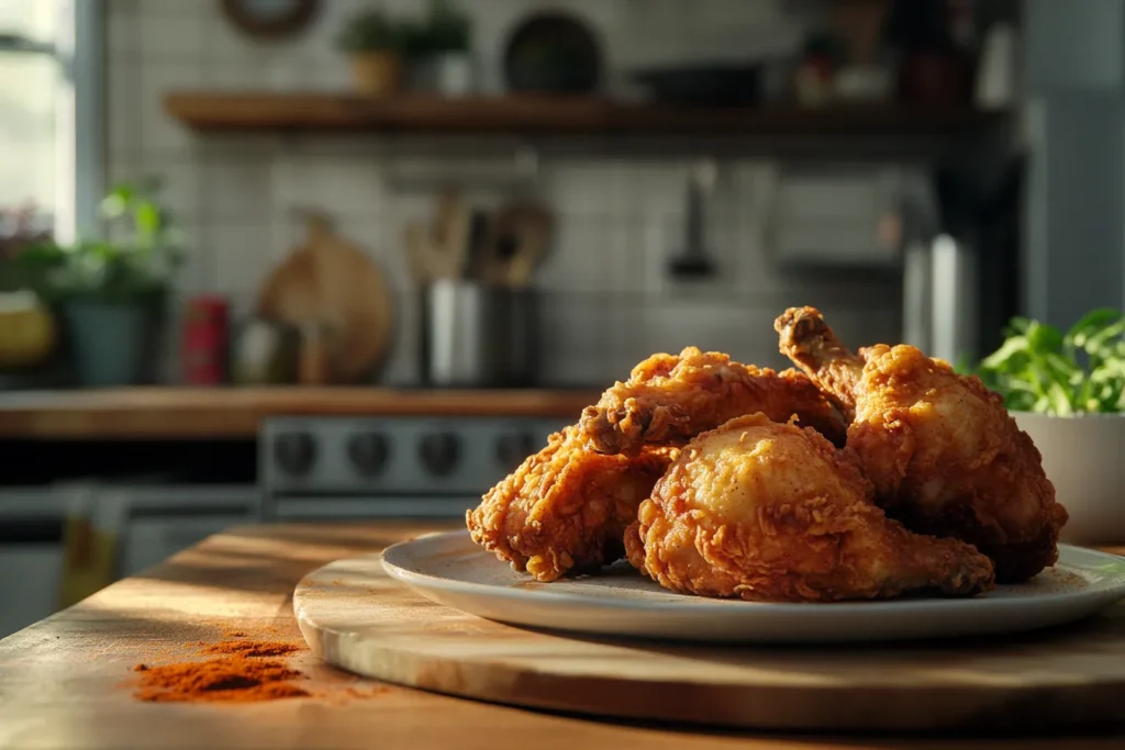 Hausgemachtes Chitir Chicken auf Holzplatte