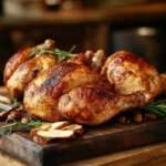 Hausgemachtes Chitir Chicken auf Holzplatte