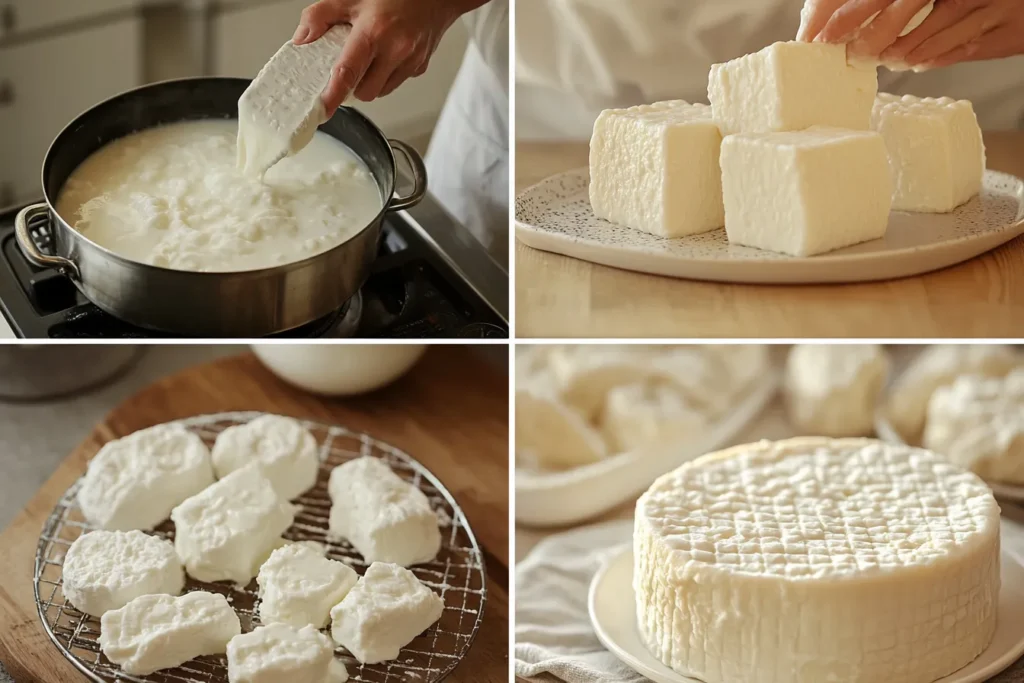 Steps of homemade cheese production using a grid mold