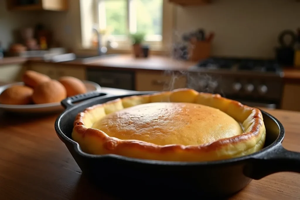 Frisch gebackener Deutscher Pfannkuchen, der im Ofen aufgeht.