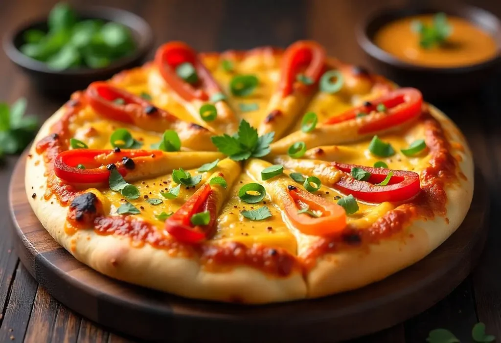 Frisch gebackene Paneer Tikka Cheese Burst Pizza auf einem Holzbrett