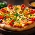 Frisch gebackene Paneer Tikka Cheese Burst Pizza auf einem Holzbrett