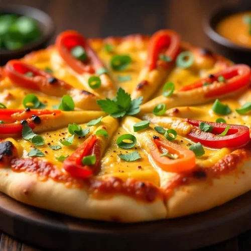 Frisch gebackene Paneer Tikka Cheese Burst Pizza auf einem Holzbrett