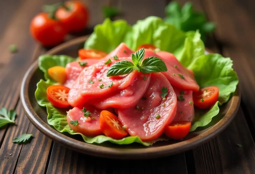 Salat mit Rindfleischstreifen und Dressing