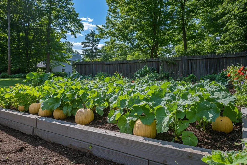 Young Long Island Cheese plants in raised beds