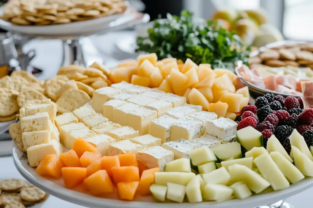 Vegan cheeses in grid shapes on a platter
