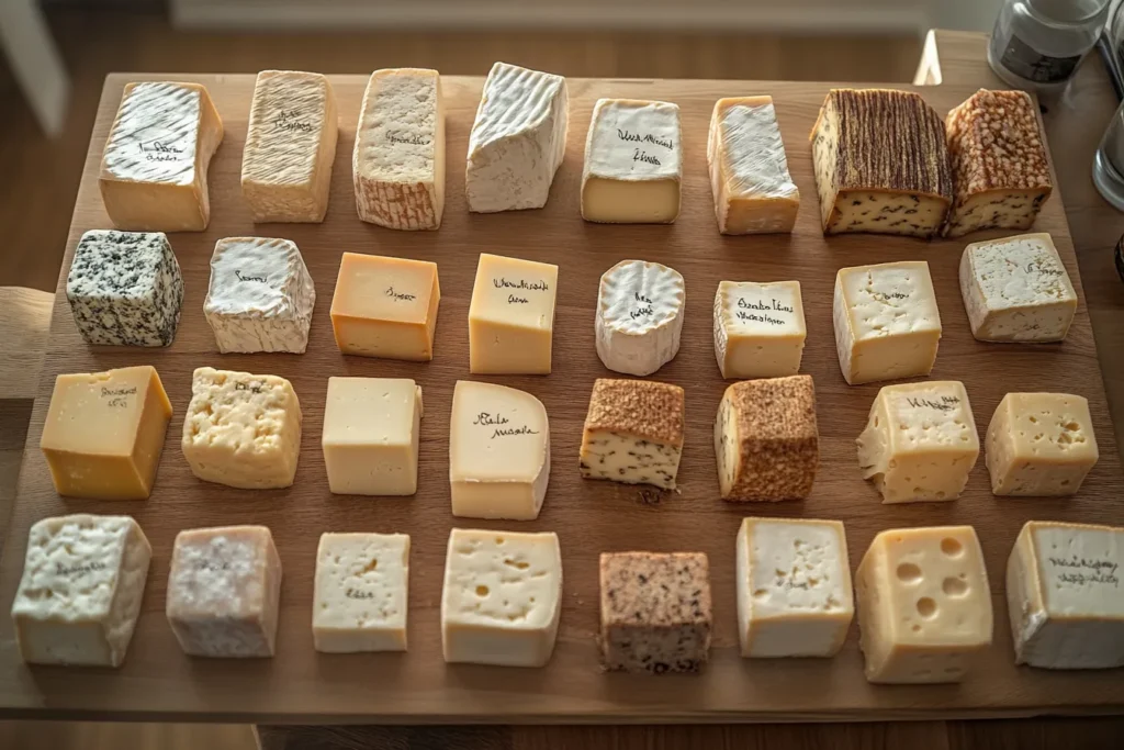 Various types of grid cheese cut into squares
