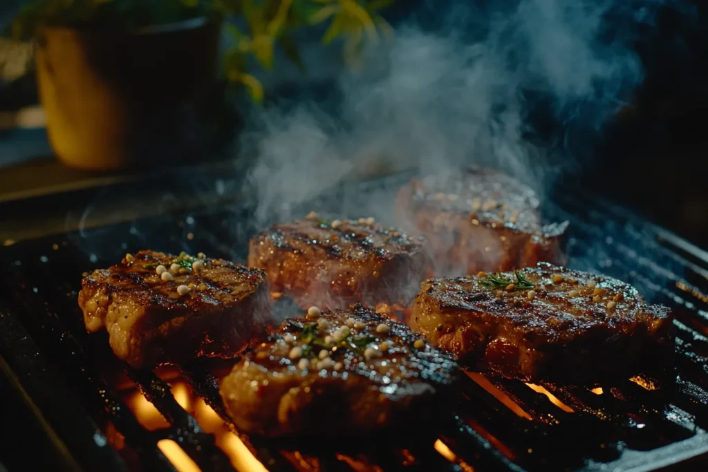 "Grilling steaks over open flame with smoke"