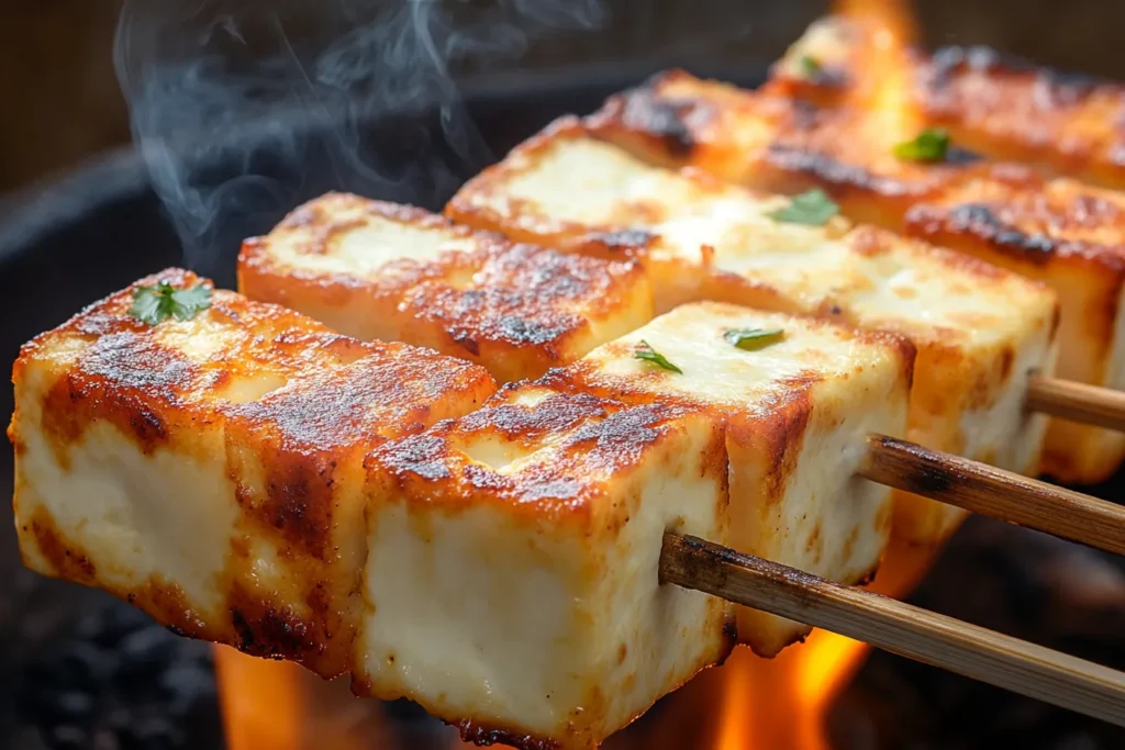 Marinierter Paneer auf Spießen bereit zum Grillen