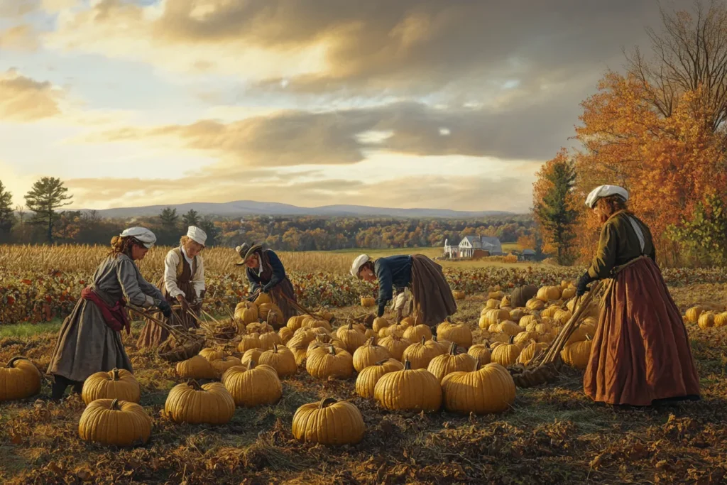 Colonial farmers harvesting Long Island Cheese pumpkins