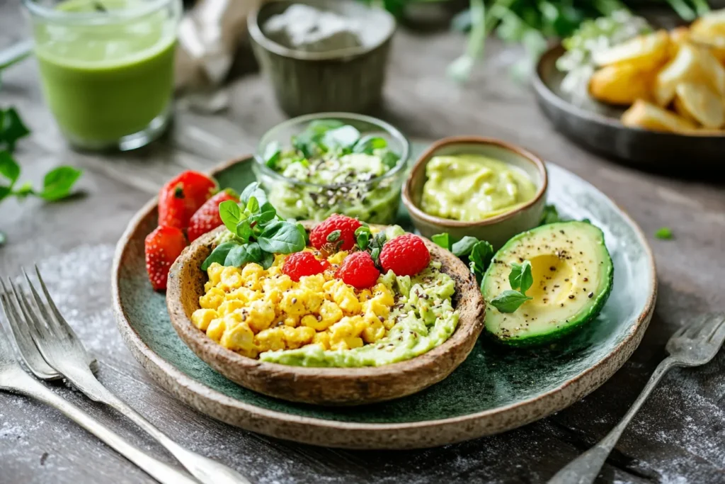 Vegan breakfast plate with avocado toast and smoothie