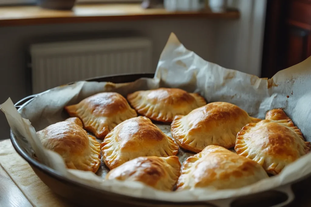 Homemade corned beef knishes in a baking tray