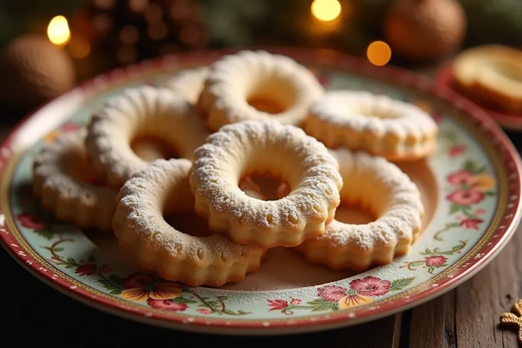 Crescent-shaped vanilla cookies dusted with powdered sugar