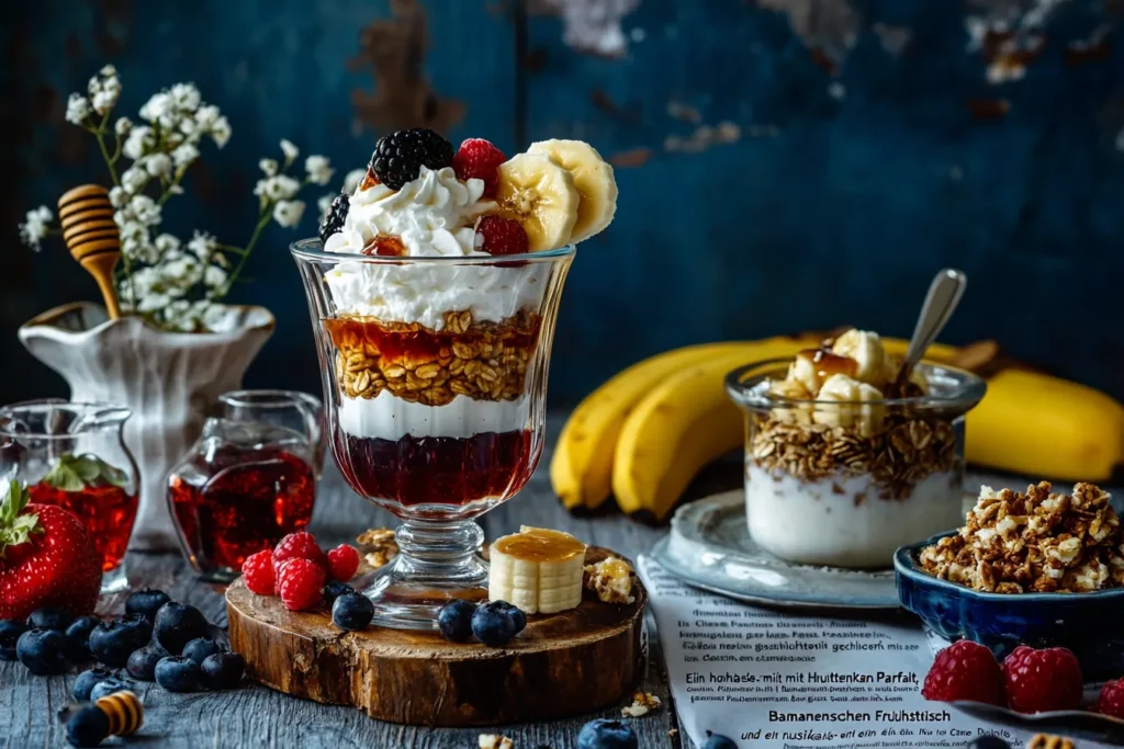Fruchtparfait mit Hüttenkäse, Beeren und Müsli