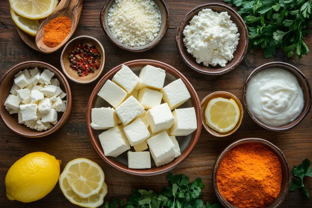 Zutaten für Paneer Tikka Cheese auf einem Holztisch
