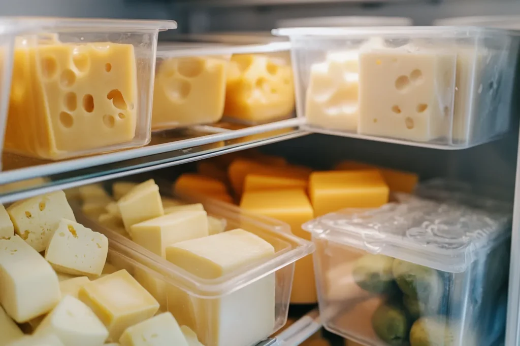 Refrigerator with neatly organized cheese labeled with storage dates