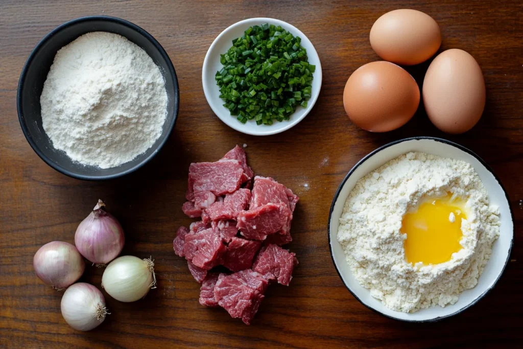 Ingredients for knish dough and filling laid out