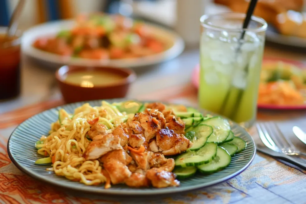 Yum Yum Chicken mit Beilagen und Getränk