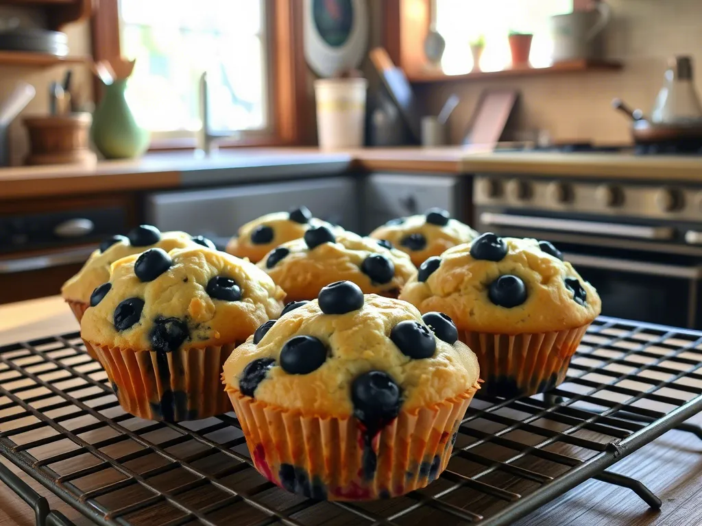 Frisch gebackene Blaubeer-Eiscreme-Muffins auf einem Kühlgitter