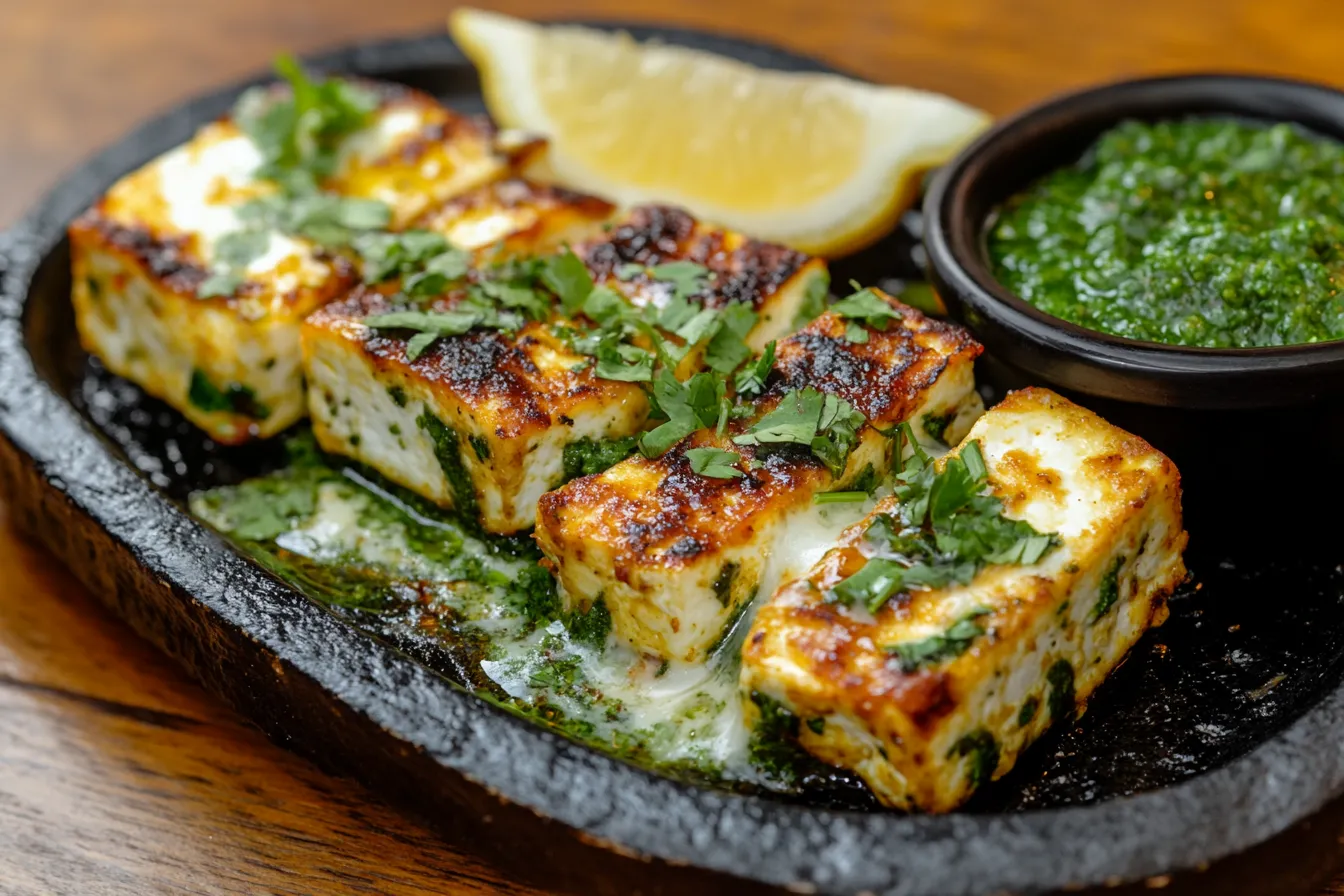 Ein Teller mit frisch gegrilltem Paneer Tikka Cheese