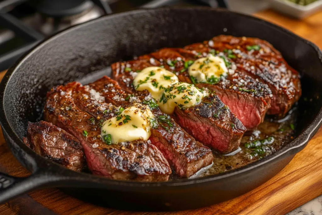 Flat iron steak sizzling in a cast-iron pan