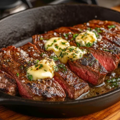 Flat iron steak sizzling in a cast-iron pan