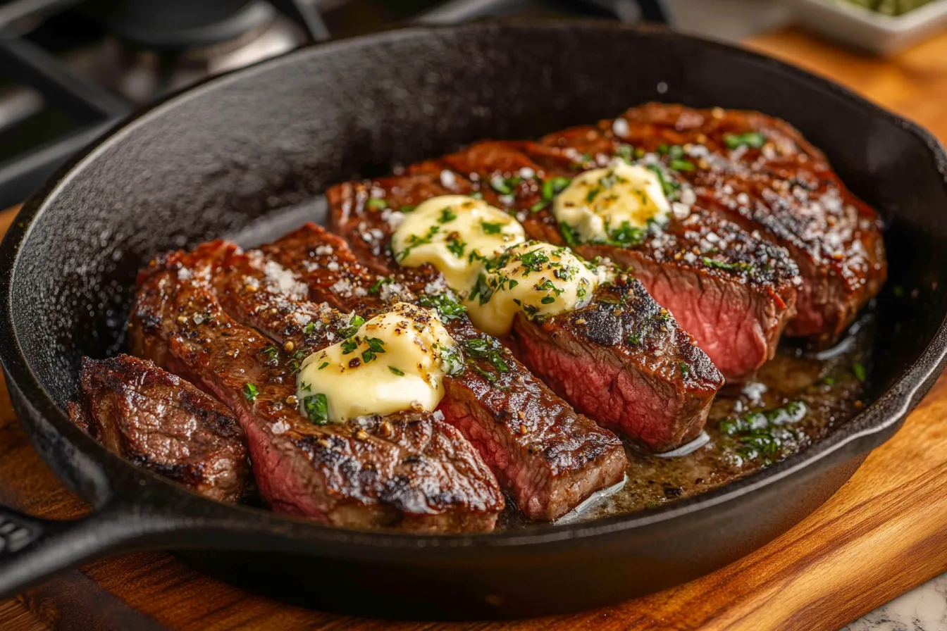 Flat iron steak sizzling in a cast-iron pan