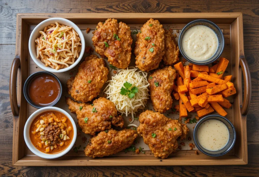 Verschiedene Beilagen wie Kimchi, Coleslaw und Süßkartoffelpommes