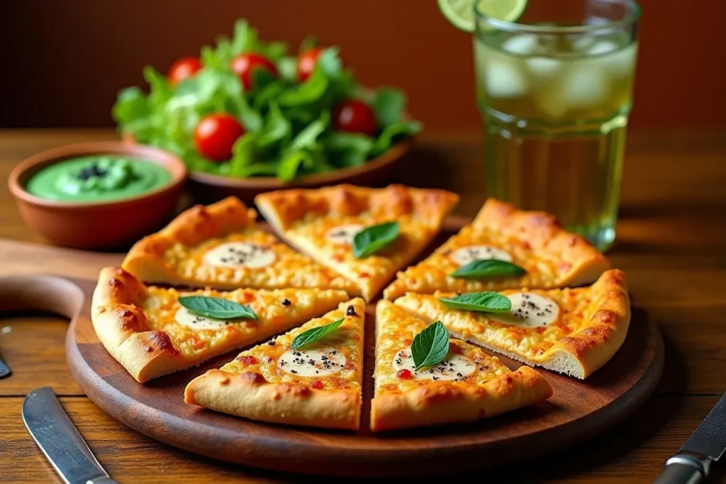 Servierte Pizza mit Beilagen auf einem gedeckten Tisch