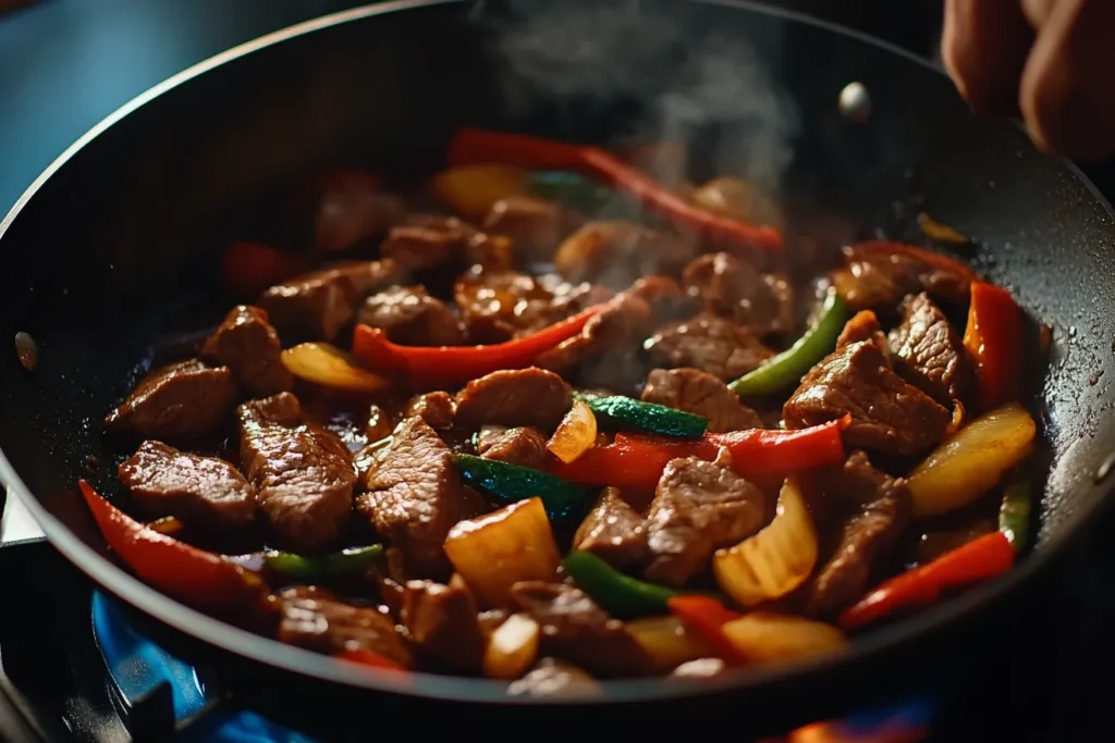 "Beef stir-fry in pan with colorful veggies"