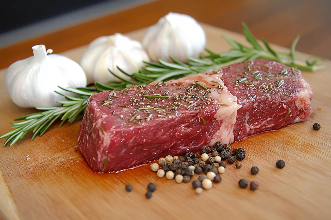 Flat iron steak raw with seasoning