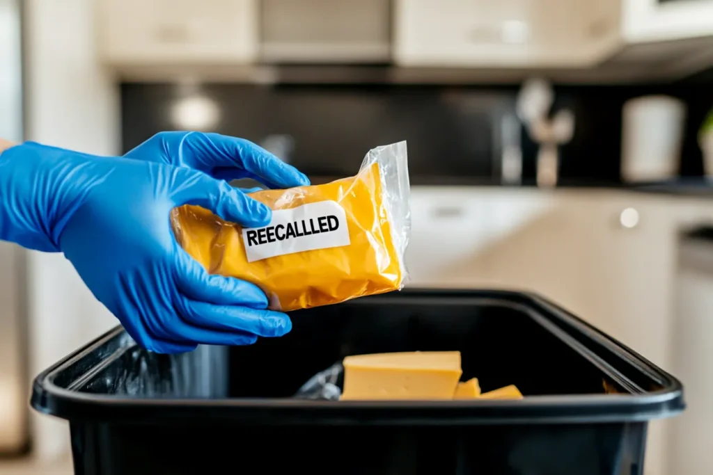 Cheese package being thrown into a trash bin with gloved hands