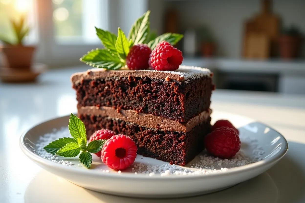 Veganer Schokokuchen mit Beeren garniert