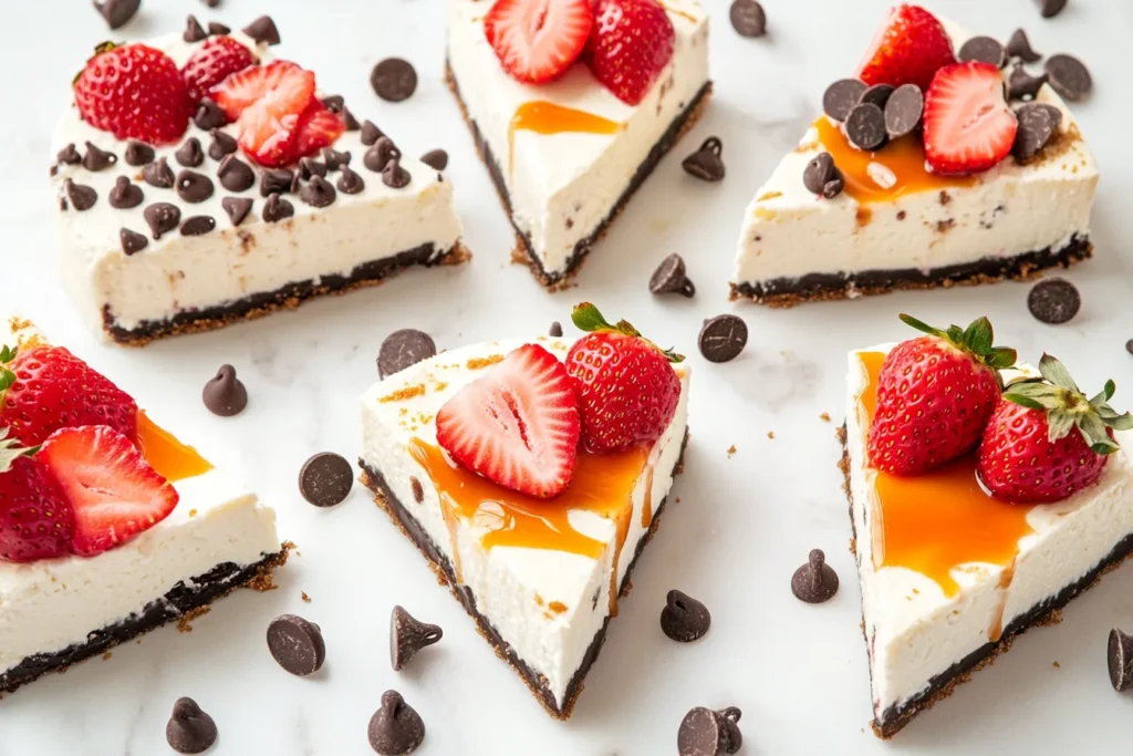 Käsekuchen-Stücke mit verschiedenen Toppings